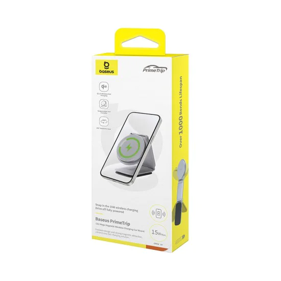 Baseus - Стойка за кола с безжично зареждане PrimeTrip C02 (C40169003831-00) - Магнитна ръкохватка за табло, 15W - матирано сиво