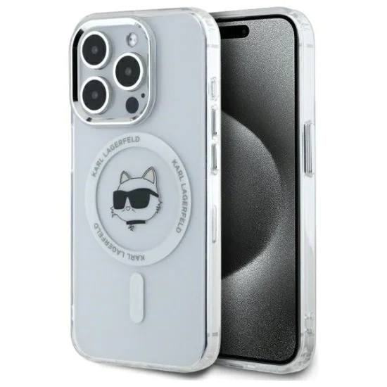 Калъф за iPhone 14 Pro - Karl Lagerfeld IML MagSafe (KLHMP14LHLHLSCHH) - White Metal Choupette`s Head