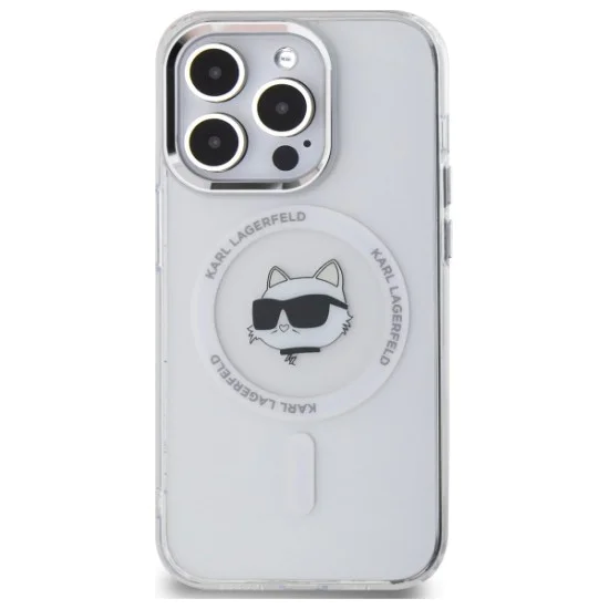 Калъф за iPhone 13 Pro Max - Karl Lagerfeld IML MagSafe (KLHMP13XHLHLSCHH) - White Metal Choupette`s Head