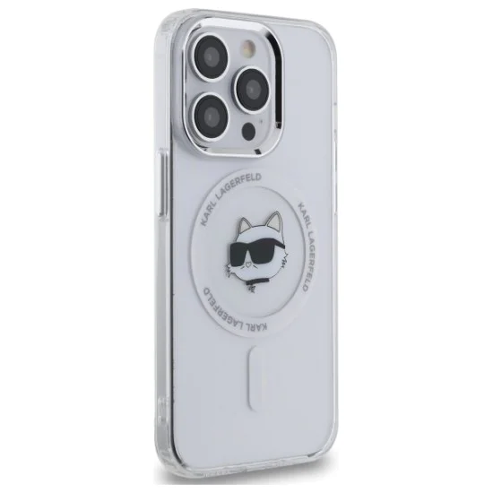 Калъф за iPhone 13 Pro Max - Karl Lagerfeld IML MagSafe (KLHMP13XHLHLSCHH) - White Metal Choupette`s Head