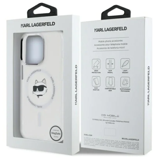 Калъф за iPhone 13 Pro Max - Karl Lagerfeld IML MagSafe (KLHMP13XHLHLSCHH) - White Metal Choupette`s Head