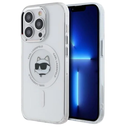 Калъф за iPhone 13 Pro - Karl Lagerfeld IML MagSafe (KLHMP13LHLHLSCHH) - White Metal Choupette`s Head