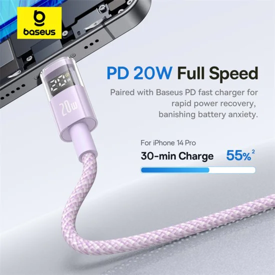 Baseus - Data Cable Display 2 (P10382703511-01) - Fast Charging, Type-C, Lightning, Digital Display, 20W, 2m - Nebula Purple