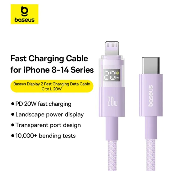 Baseus - Data Cable Display 2 (P10382703511-00) - Fast Charging, Type-C, Lightning, Digital Display, 20W, 1m - Nebula Purple