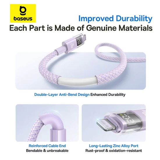 Baseus - Data Cable Display 2 (P10382703511-00) - Fast Charging, Type-C, Lightning, Digital Display, 20W, 1m - Nebula Purple