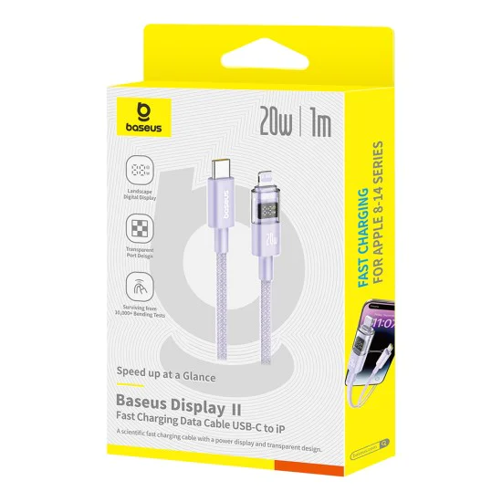 Baseus - Data Cable Display 2 (P10382703511-00) - Fast Charging, Type-C, Lightning, Digital Display, 20W, 1m - Nebula Purple