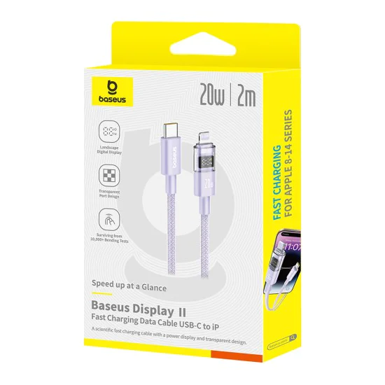 Baseus - Data Cable Display 2 (P10382703511-01) - Fast Charging, Type-C, Lightning, Digital Display, 20W, 2m - Nebula Purple