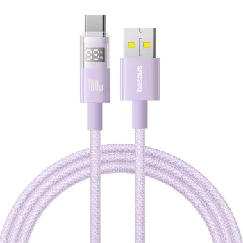 Baseus - Data Cable Display 2 (P10382701511-00) - Бързо зареждане, USB към Type-C, цифров дисплей, 100 W, 1 m - Nebula Purple
