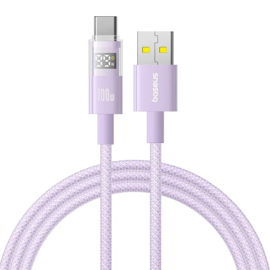 Baseus - Data Cable Display 2 (P10382701511-01) - Бързо зареждане, USB към Type-C, цифров дисплей, 100 W, 2 m - Nebula Purple