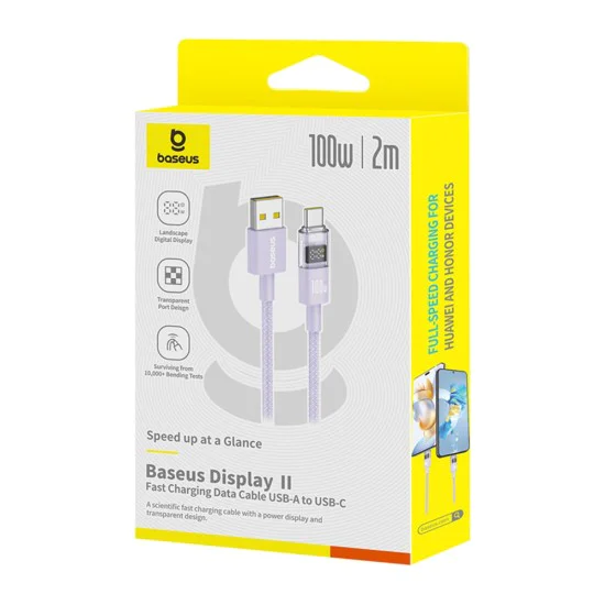 Baseus - Data Cable Display 2 (P10382701511-01) - Бързо зареждане, USB към Type-C, цифров дисплей, 100 W, 2 m - Nebula Purple