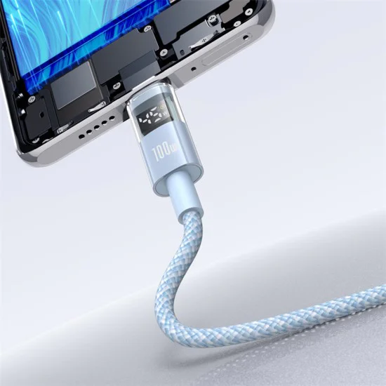 Baseus - Data Cable Display 2 (P10382701311-00) - Бързо зареждане, USB към Type-C, цифров дисплей, 100 W, 1 m - Galaxy Blue