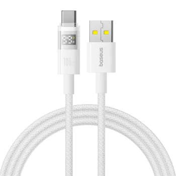 Baseus - Data Cable Display 2 (P10382701211-01) - Бързо зареждане, USB към Type-C, цифров дисплей, 100W, 2m - лунно бяло