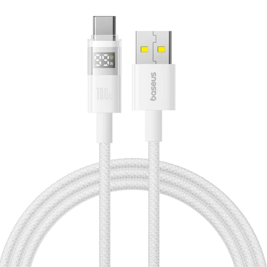 Baseus - Data Cable Display 2 (P10382701211-01) - Бързо зареждане, USB към Type-C, цифров дисплей, 100W, 2m - лунно бяло