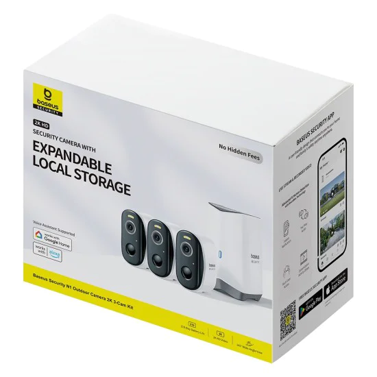 Външна камера за сигурност N1 (S0TW012131) - Baseus - 2K, 16GB, 3 комплекта камери, двупосочен разговор, нощно виждане, IP67, 7.800mAh - Бял