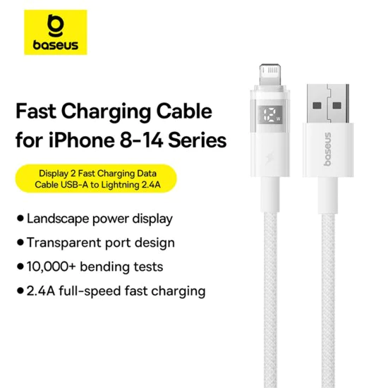 Baseus - Data Cable Display 2 (P10382700211-00) - USB към Lightning, бързо зареждане, цифров дисплей, 2.4A, 1m - лунно бяло