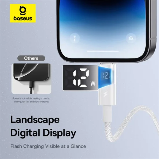 Baseus - Data Cable Display 2 (P10382700211-00) - USB към Lightning, бързо зареждане, цифров дисплей, 2.4A, 1m - лунно бяло