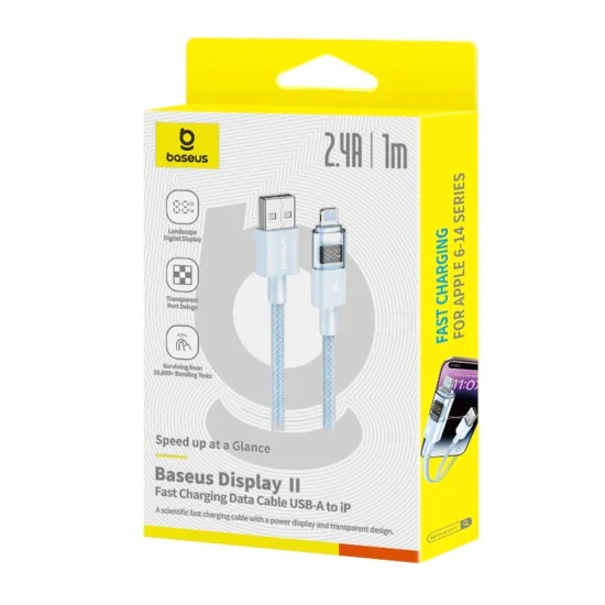 Baseus - Data Cable Display 2 (P10382700311-00) - USB към Lightning, бързо зареждане, цифров дисплей, 2.4A, 1m - Galaxy Blue