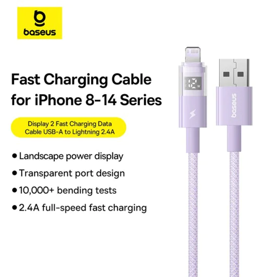 Baseus - Data Cable Display 2 (P10382700511-00) - USB към Lightning, бързо зареждане, цифров дисплей, 2.4A, 1m - Nebula Purple