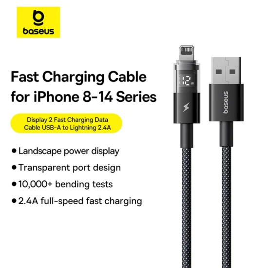 Baseus - Data Cable Display 2 (P10382700121-01) - USB към Lightning, бързо зареждане, цифров дисплей, 2.4A, 2m - Cosmic Black