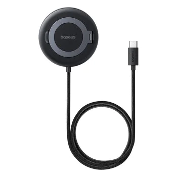 Baseus - Магнитно безжично зарядно Simple Mini4 (P10273300121-01) - Универсално, със стойка, USB-C, Qi2 15W, 1 м - Космическо черно