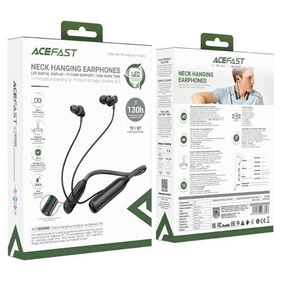 Bluetooth слушалки N4 – Acefast, зад главата, лента за врата, Bluetooth 5.3, IPX4, LED дисплей, 800mAh – черни