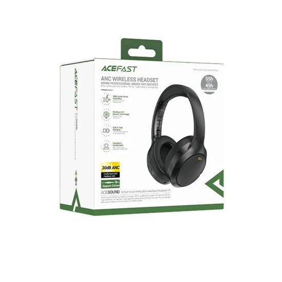 Безжични слушалки H6 – Acefast, Type-C, Bluetooth 5.3, Active Noise Reduction, IPX4, 500mAh, Hi-Fi звук – черни