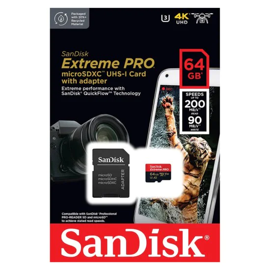 Карта с памет, 64GB, MicroSDXC - SanDisk Extreme Pro (SDSQXCU-064G-GN6MA) - Червен