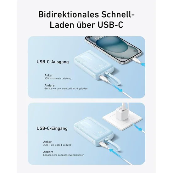 Външна батерия 10000mAh, 30W - Anker Zolo (A1688031) - светло син