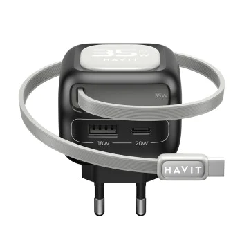 Havit - Зарядно за стена (UC251 EU) - Прибиращ се кабел Type-C, Type-C, USB, GaN, 35W - Черно / Сиво