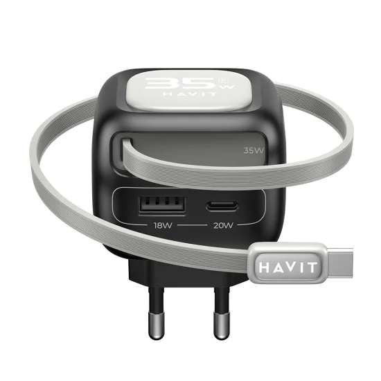 Havit - Зарядно за стена (UC251 EU) - Прибиращ се кабел Type-C, Type-C, USB, GaN, 35W - Черно / Сиво