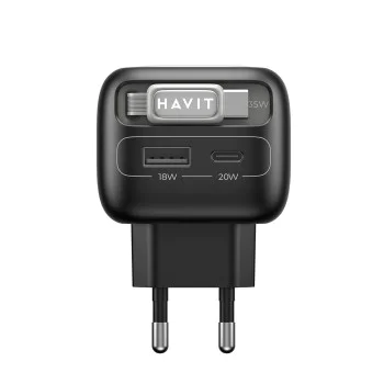 Havit - Зарядно за стена (UC251 EU) - Прибиращ се кабел Type-C, Type-C, USB, GaN, 35W - Черно / Сиво