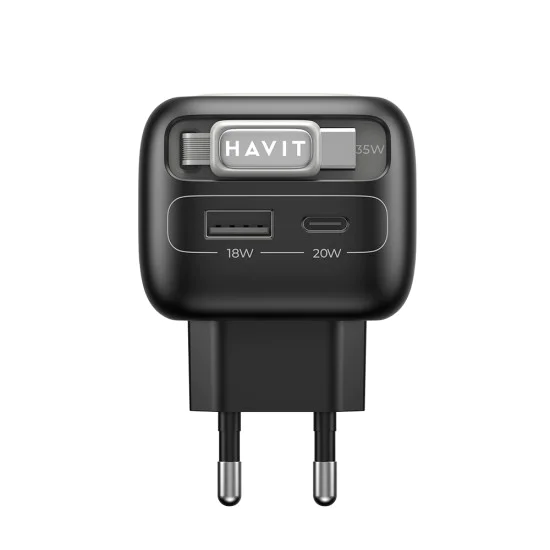 Havit - Зарядно за стена (UC251 EU) - Прибиращ се кабел Type-C, Type-C, USB, GaN, 35W - Черно / Сиво