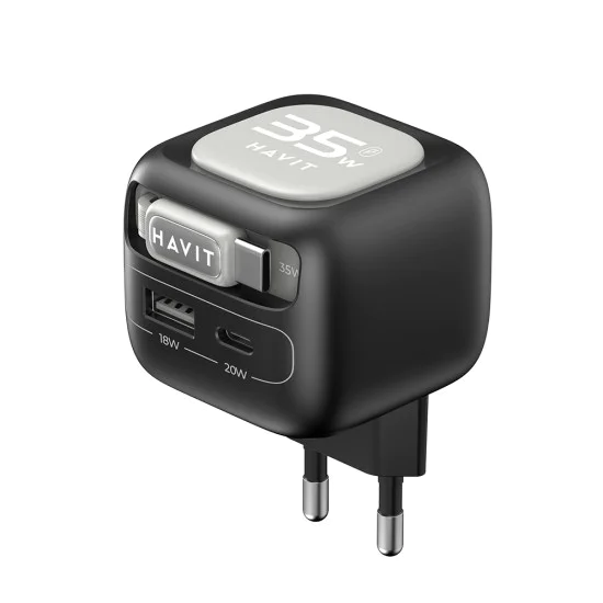 Havit - Зарядно за стена (UC251 EU) - Прибиращ се кабел Type-C, Type-C, USB, GaN, 35W - Черно / Сиво