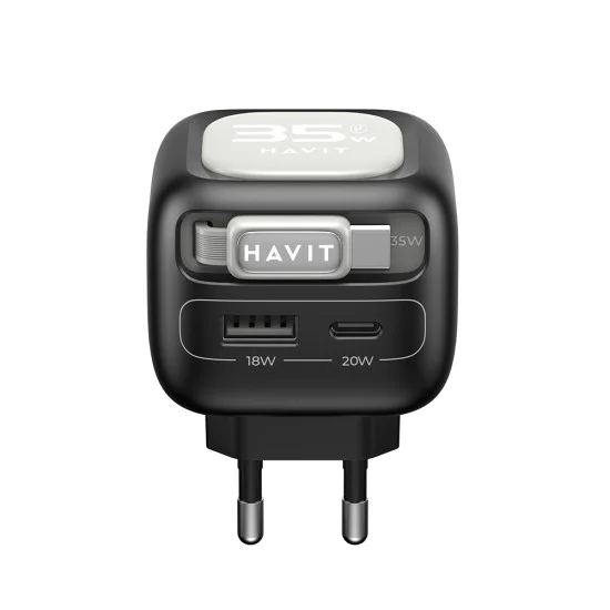 Havit - Зарядно за стена (UC251 EU) - Прибиращ се кабел Type-C, Type-C, USB, GaN, 35W - Черно / Сиво
