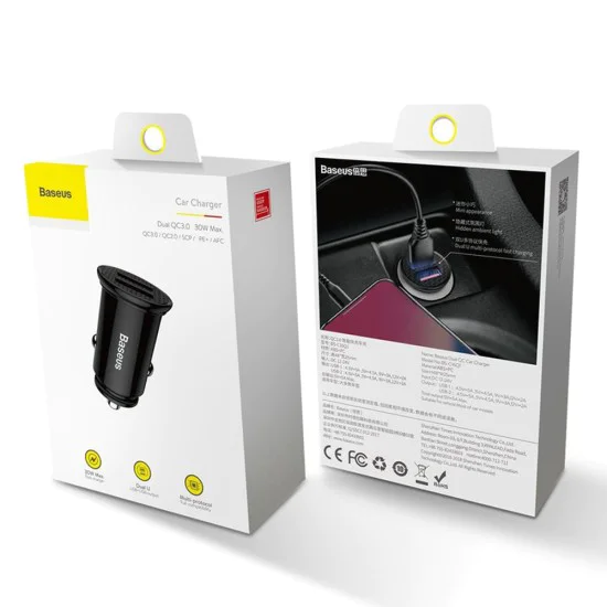Автоматично зарядно устройство 2x USB 5A, QC 3.0 - Baseus Circular (CCALL-YD01) - черно