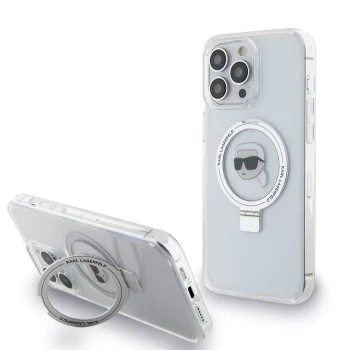 Калъф за iPhone 15 Pro - Karl Lagerfeld Hardcase Ring Stand MagSafe (KLHMP15LHHMMRSKHH) - White Karl Head