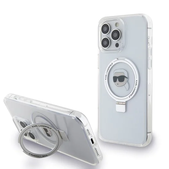 Калъф за iPhone 15 Pro - Karl Lagerfeld Hardcase Ring Stand MagSafe (KLHMP15LHHMMRSKHH) - White Karl Head