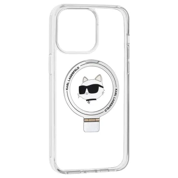 Калъф за iPhone 15 Pro Max - Karl Lagerfeld Hardcase Ring Stand MagSafe (KLHMP15XHHMRSCHH) - White Choupette Head