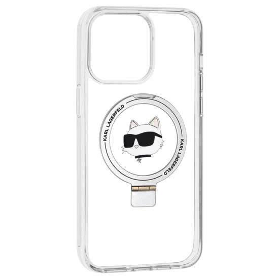 Калъф за iPhone 15 Pro Max - Karl Lagerfeld Hardcase Ring Stand MagSafe (KLHMP15XHHMRSCHH) - White Choupette Head