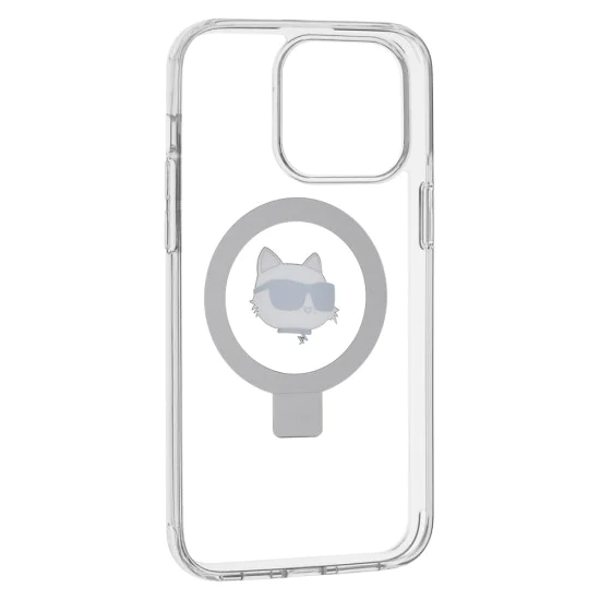 Калъф за iPhone 15 Pro Max - Karl Lagerfeld Hardcase Ring Stand MagSafe (KLHMP15XHHMRSCHH) - White Choupette Head
