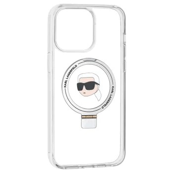Калъф за iPhone 15 Pro Max - Karl Lagerfeld Hardcase Ring Stand MagSafe (KLHMP15XHHMRSKHH) - White Karl Head
