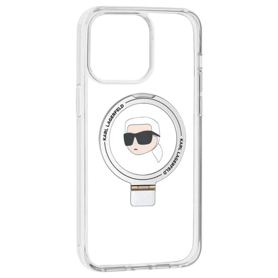 Калъф за iPhone 15 Pro Max - Karl Lagerfeld Hardcase Ring Stand MagSafe (KLHMP15XHHMRSKHH) - White Karl Head