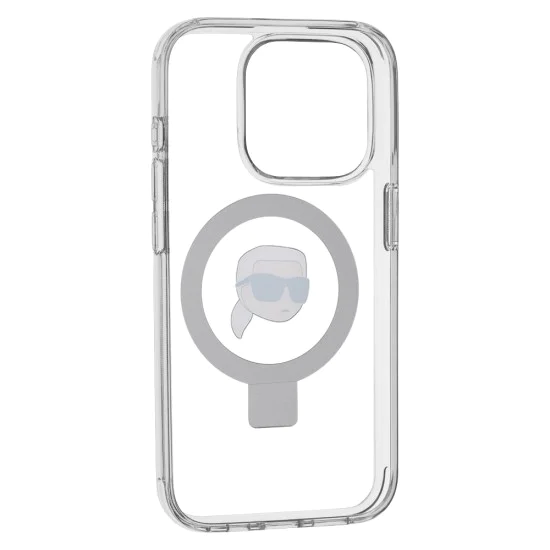 Калъф за iPhone 15 Pro - Karl Lagerfeld Hardcase Ring Stand MagSafe (KLHMP15LHHMMRSKHH) - White Karl Head