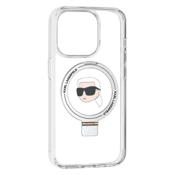 Калъф за iPhone 15 Pro - Karl Lagerfeld Hardcase Ring Stand MagSafe (KLHMP15LHHMMRSKHH) - White Karl Head