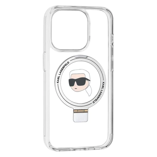 Калъф за iPhone 15 Pro - Karl Lagerfeld Hardcase Ring Stand MagSafe (KLHMP15LHHMMRSKHH) - White Karl Head