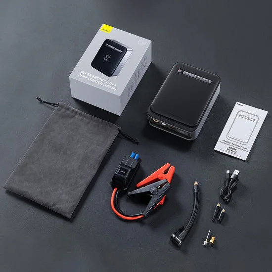 Стартово устройство за кола 2в1 (CGCN000001) - Baseus - Външна батерия, USB-C, 10-150 PSI, LCD, Авто-стоп, 12000mAh, 1000A, 12V - Черно