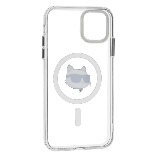 Калъф за iPhone 11 - Karl Lagerfeld IML MagSafe (KLHMN61HLHLSCHH) - Бял метал Choupette`s Head