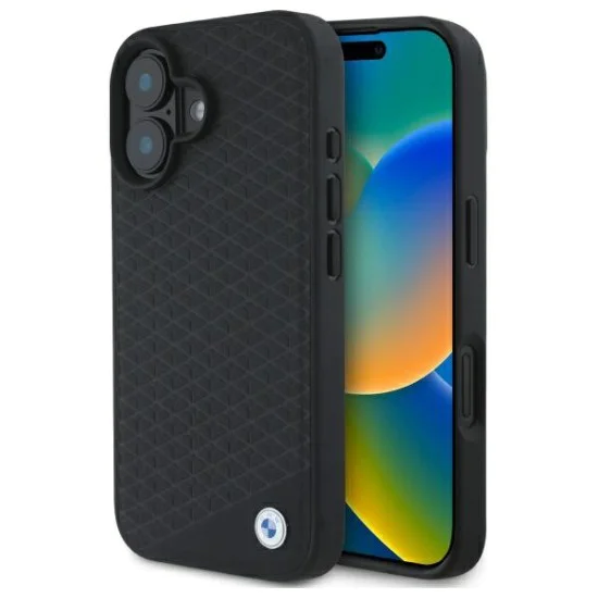 Калъф за iPhone 16 - BMW Signature Leather Diamond Metal Metal Logo MagSafe (BMHMP16S23RDDK) - черен