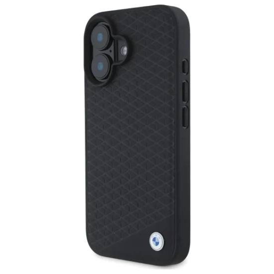 Калъф за iPhone 16 - BMW Signature Leather Diamond Metal Metal Logo MagSafe (BMHMP16S23RDDK) - черен