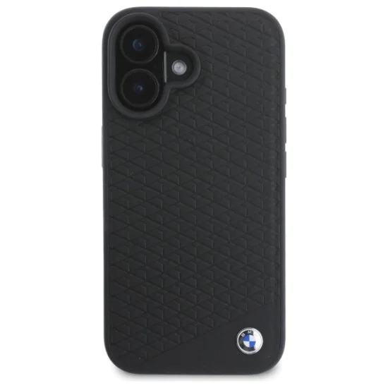 Калъф за iPhone 16 - BMW Signature Leather Diamond Metal Metal Logo MagSafe (BMHMP16S23RDDK) - черен